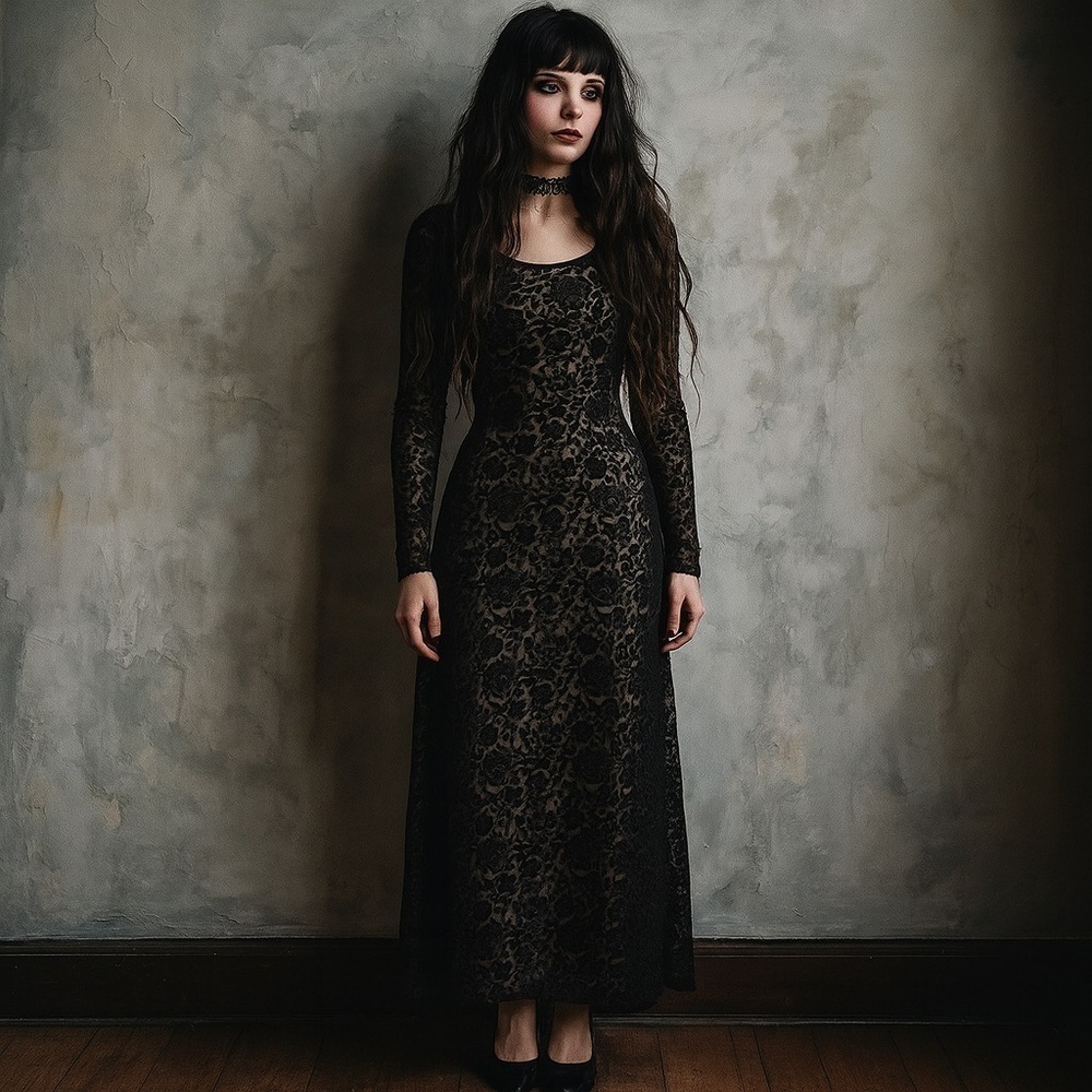 Vtg Velvet Cutout Dress Womens 10P Black Floral Maxi 90s Whimsigoth Fairy Grunge